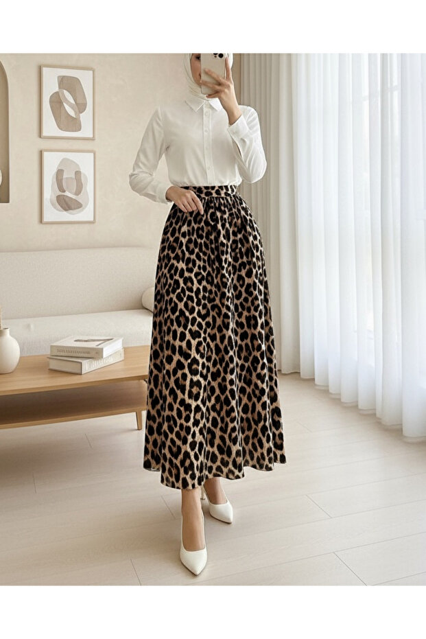 Pliseli Soft Balon Leopar Etek -Vizon - 2