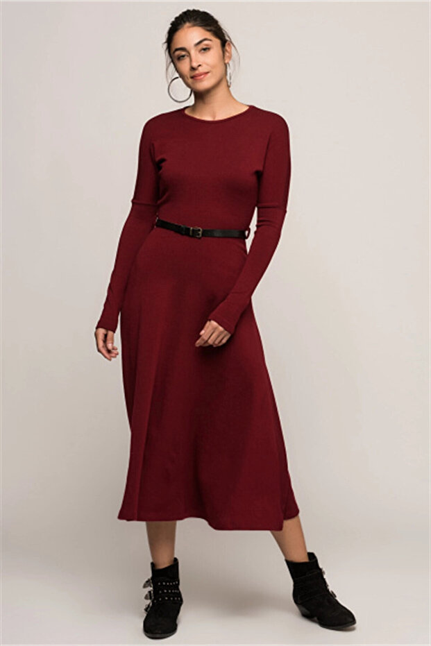 7372368 Long Dress with Flounces and Belt, Burgundy