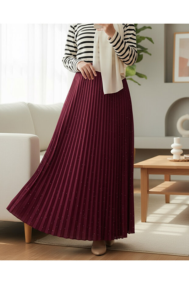 Taşlı Pliseli Etek -Bordo - 3