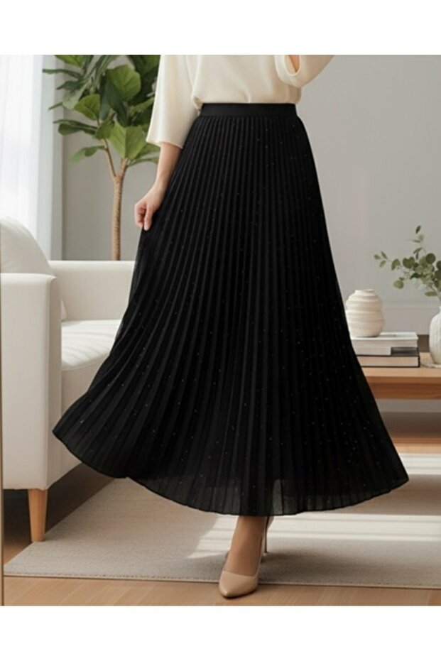 Taşlı Pliseli Etek -Siyah - 4