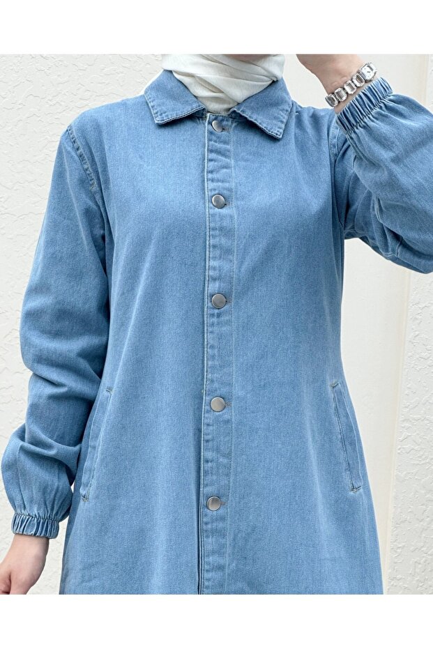 Buttoned Jeans Cap with Elasticated Sleeves - Light Blue - 4