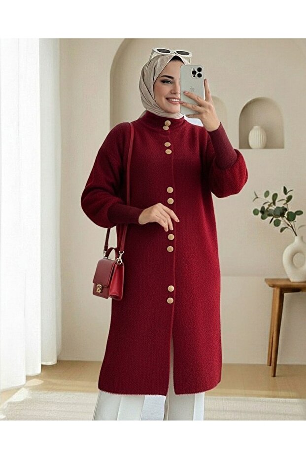Soft Cardigan with Long Beard and Buttons on the Front -Burgundy