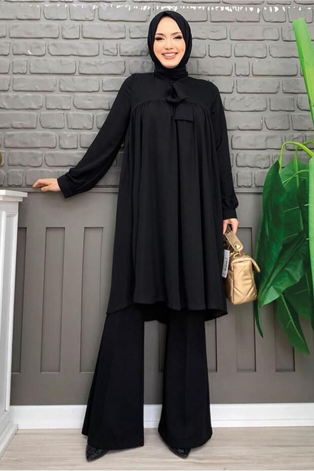 WOMEN'S BLACK COLLAR TIE-UP CHIFFON CREPE TUNIC T 4542