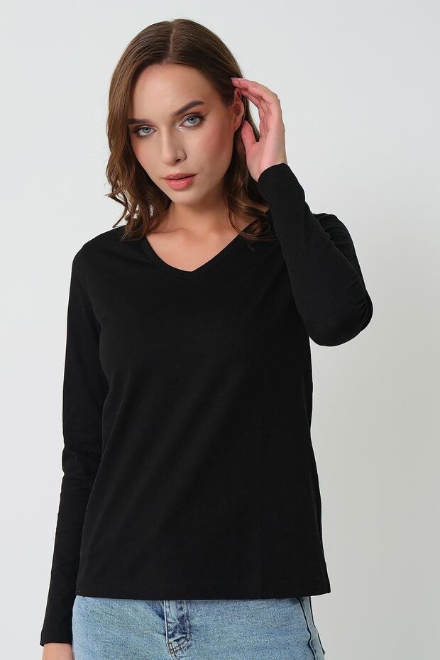 Kadın Uzun Kollu V Yaka Basic Pamuklu Örme Bluz - 4