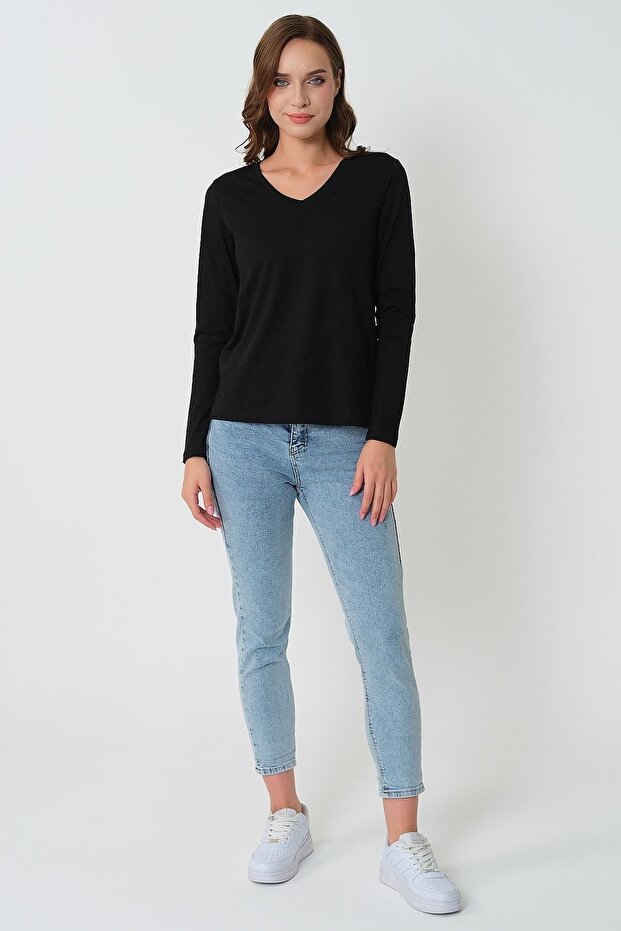 Kadın Uzun Kollu V Yaka Basic Pamuklu Örme Bluz - 1