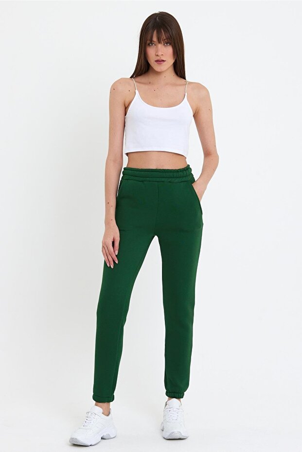 Women's Three Thread Knitted Sweatpants with Elastic Waist and Legs Jogger Emerald