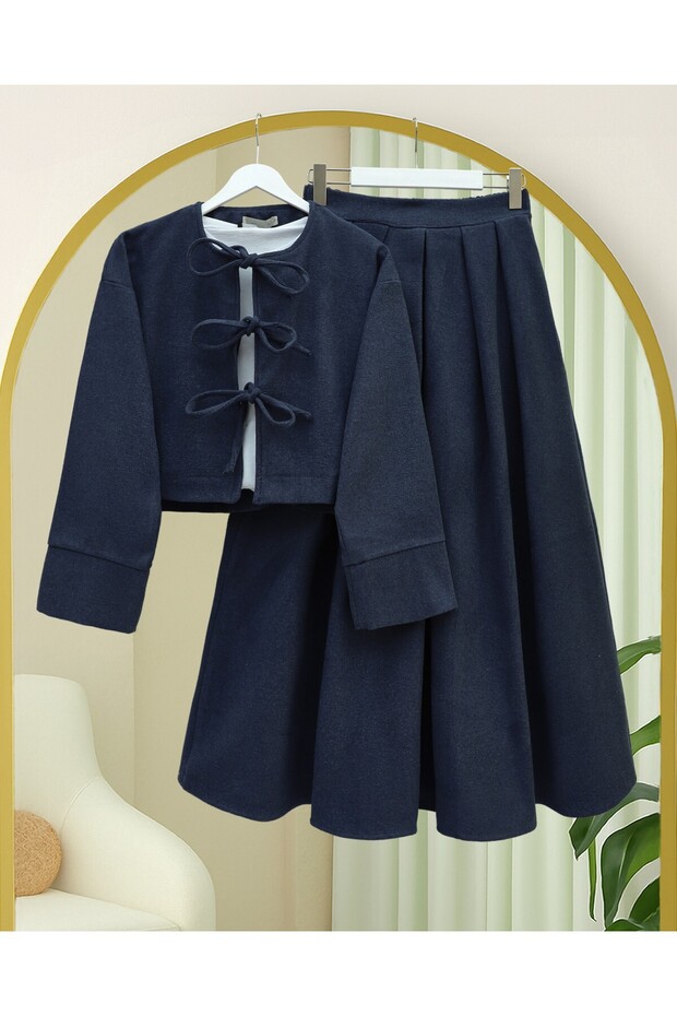 Cashmere Suit with Lace-Up Skirt - Navy Blue