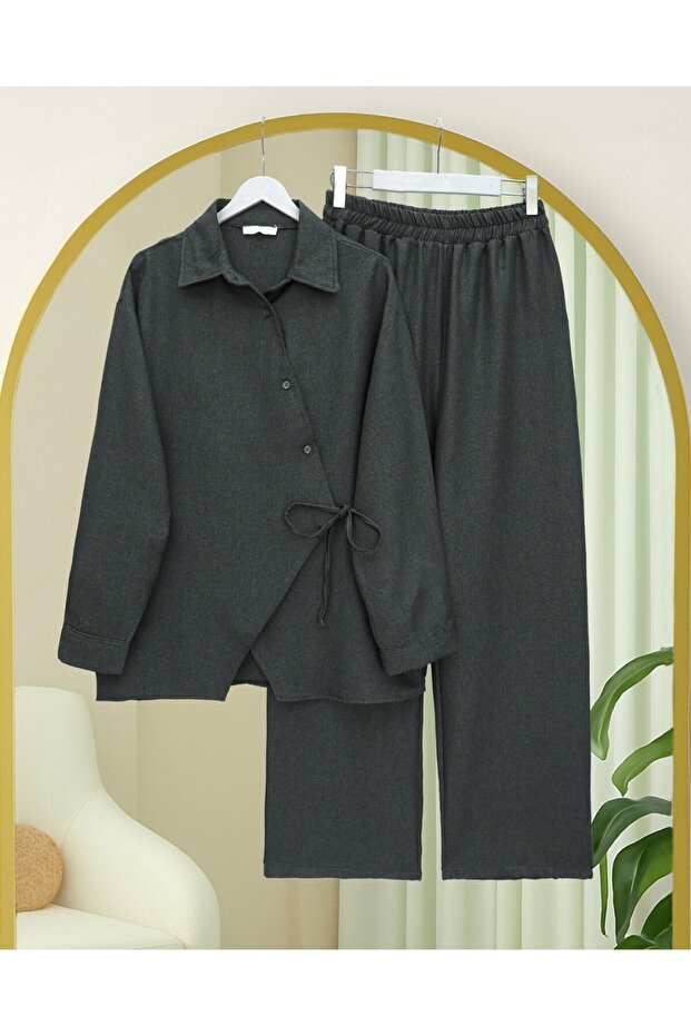 بدلة صوفية بأزرار متقاطعة وربطة جانبية - أنثراسيت - 5