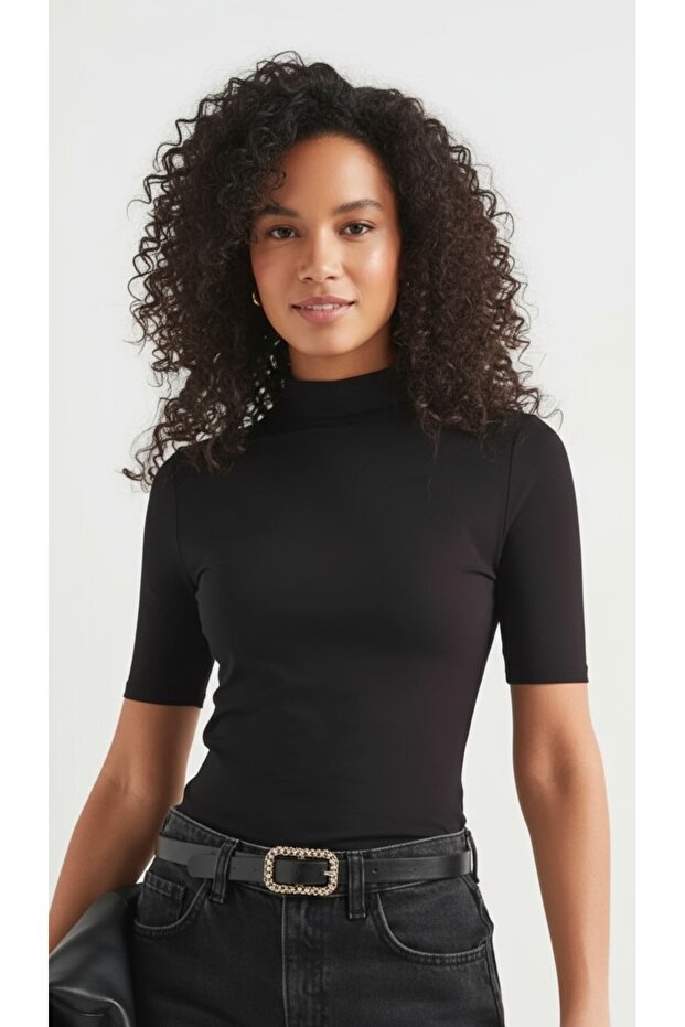 Women's Black Short Sleeve Body Half Throat