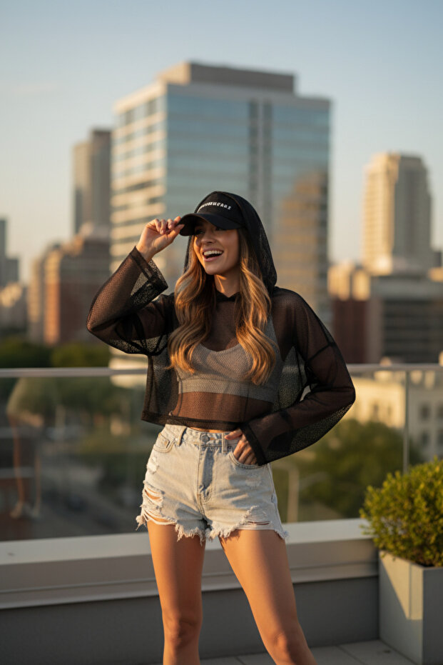 Kapişonlu File Oversize Crop - 1