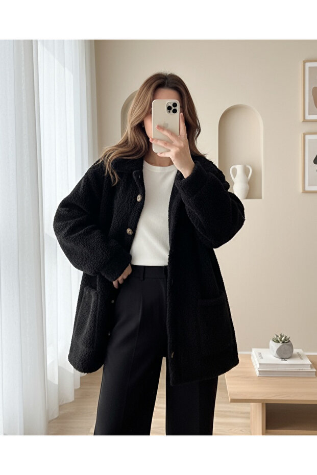 جاكيت مخملي بجيوب بأزرار - أسود - 1