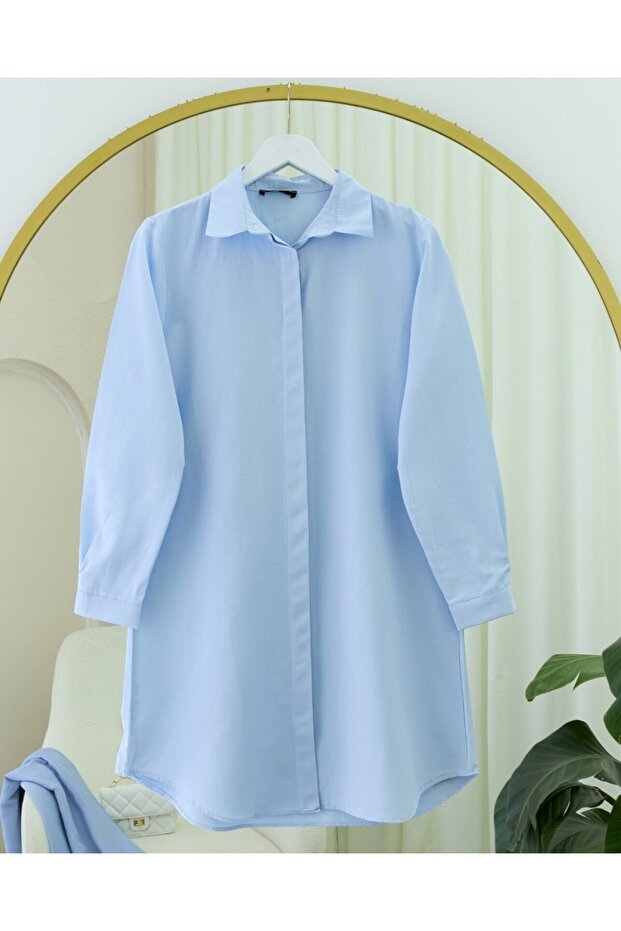 Gizli Düğmeli Oval Kesim Uzun Gömlek -Bebe Mavi - 2