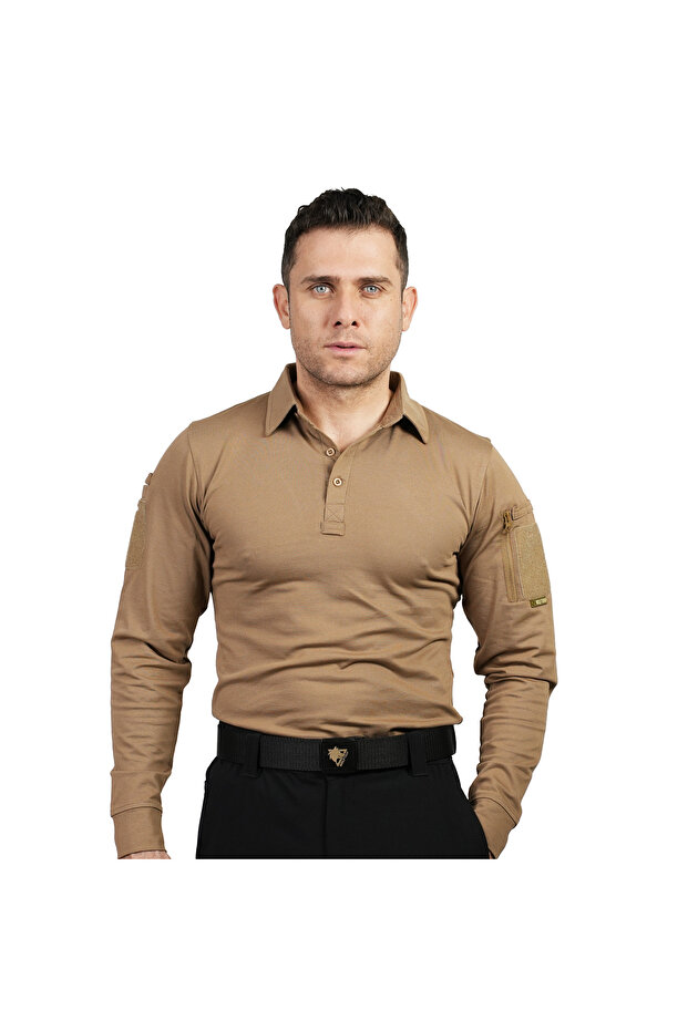 Kapan Polo Neck Beige Tactical Tshirt 2 Pockets Long Sleeve Tactical Tshirt