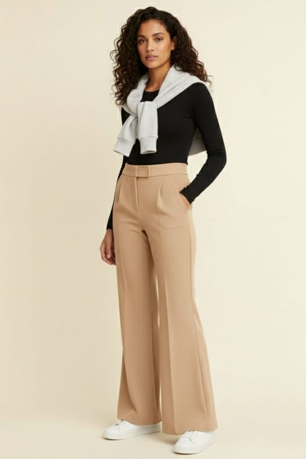 Stone Color Women's High Waist Stretch Fabric Velcro Closure Palazzo Wide Leg Trousers