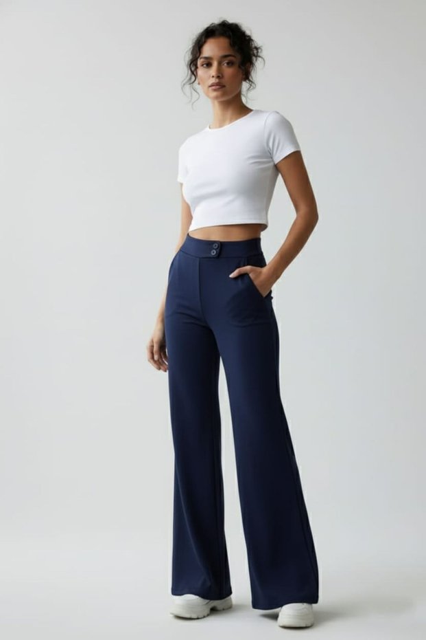 Navy Blue High Waist Wide Leg Palazzo Pants – Stretchy Textured Fabric, Wide Leg