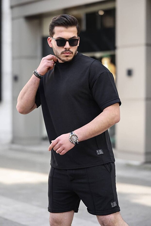 Erkek Alt Üst Oversize Tişört Basic Şort Siyah Ikili Takım - 3