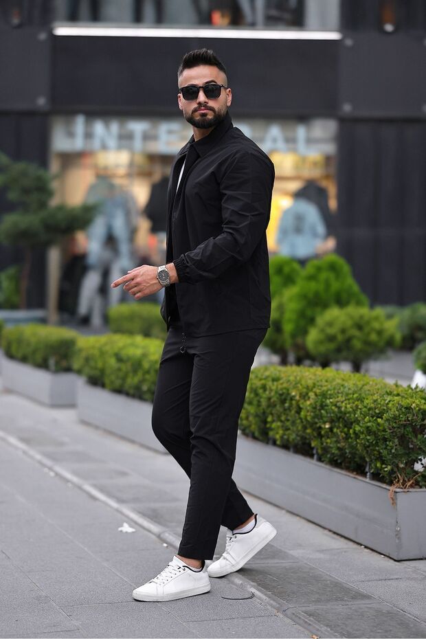 Erkek Fermuar Gömlek Basic Eşofman Siyah İkili Takım - 1