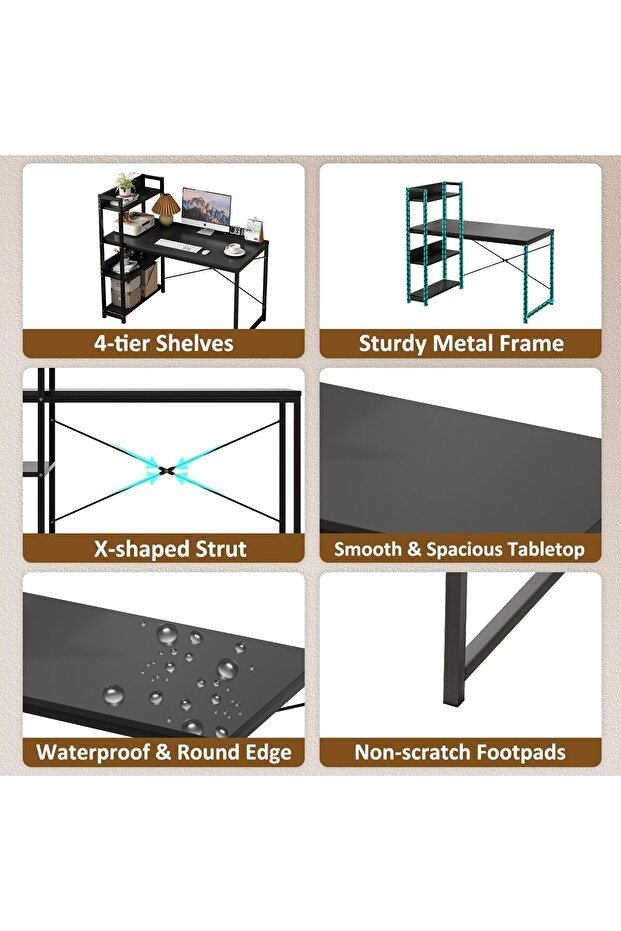 Study Desk Table for Home Office,4-layer Reversible Bookshelf Storage Computer Desk for Workstation - 5