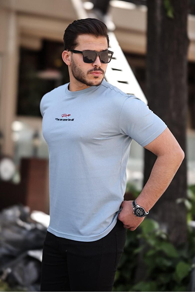 Men's Crew Neck Text Printed Basic Blue T-Shirt - 3