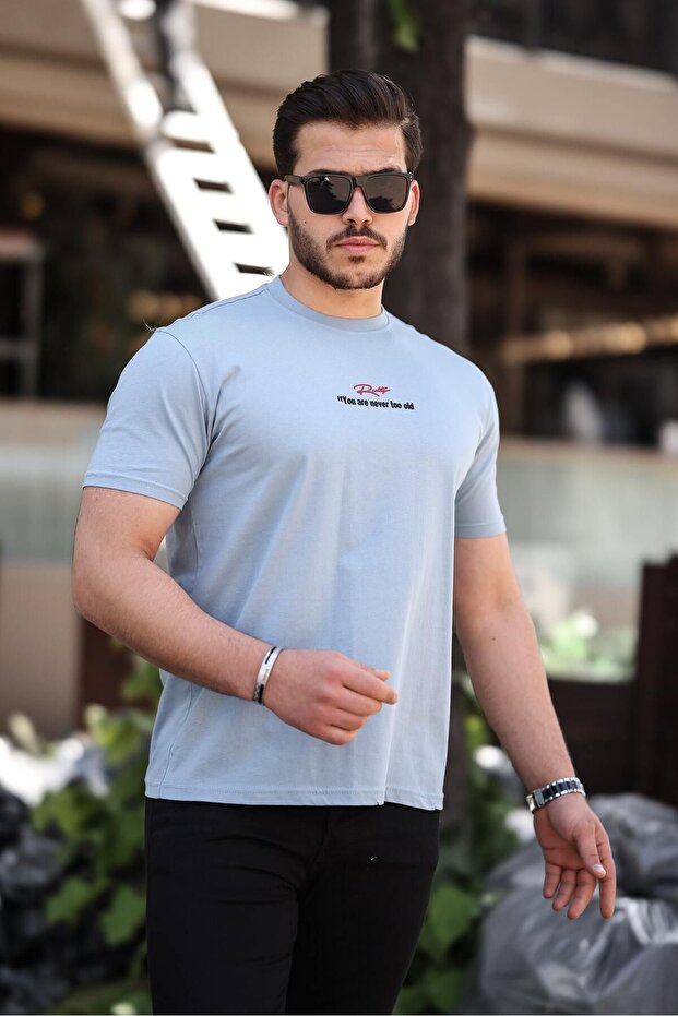 Men's Crew Neck Text Printed Basic Blue T-Shirt - 4