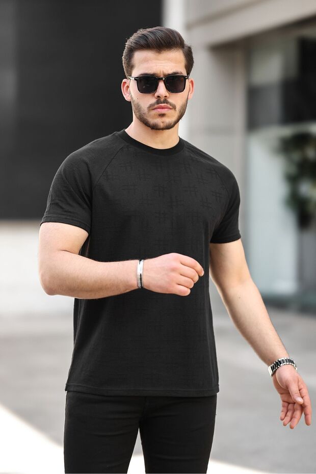 Men's Patterned Basic Short Sleeve Summer Black T-Shirt - 1