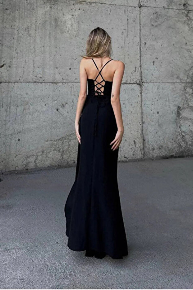 Göğüs Drapeli Yırtmaçlı Elbise - 4