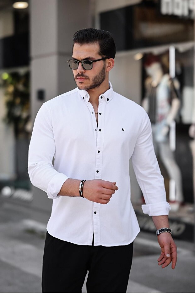 Men's Basic Slim Fit Long Sleeve White Skinny Jeans Shirt