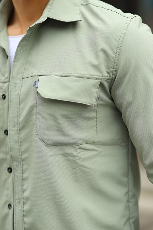 Erkek Basic Paraşüt Rahat Uzun Kol Bol Yeşil Gömlek - 2
