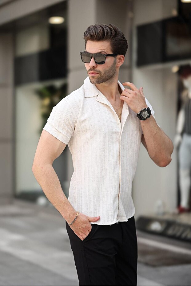 Men's Summer Lycra Slim Fit Shirt Collar Short Sleeve Shirt