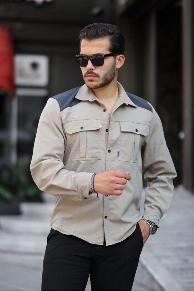 Erkek Paraşüt Kumaş Dar Uzun Kol Basic Krem Gömlek - 1