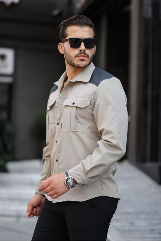 Erkek Paraşüt Kumaş Dar Uzun Kol Basic Krem Gömlek - 3