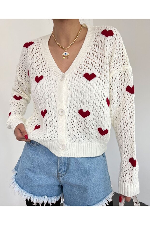 سترة صوفية محبوكة مخرمة بأزرار على شكل قلب - 5