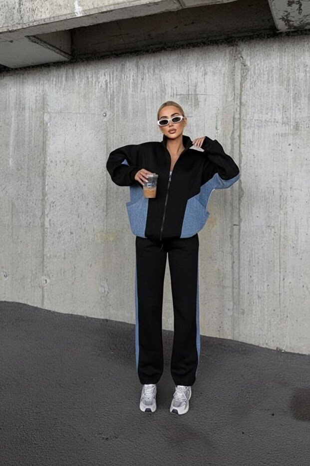 Women's Oversized Zip-Up Tracksuit Set with Denim Detail, Sports Casual