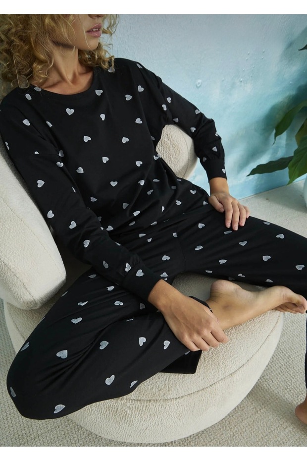 Zero Collar Patterned Soft Pajama Set - 1