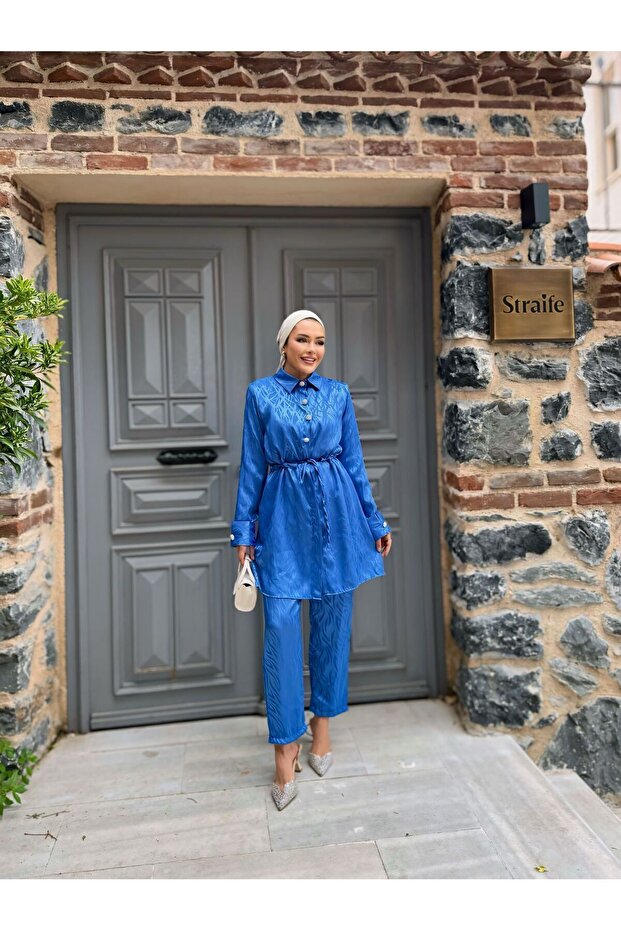 Women's Tied Long Jacket Loose Trousers Blue Double Set