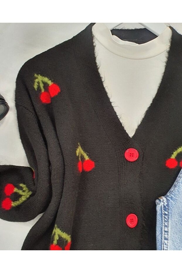 Cherry Pattern Short Cardigan -Black - 4