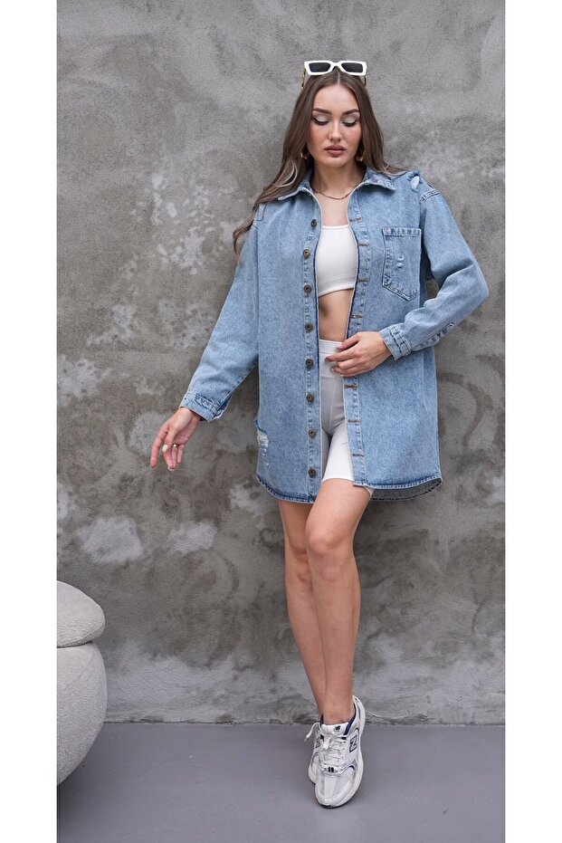 Sırt Baskılı Oversize Kot Ceket - 4