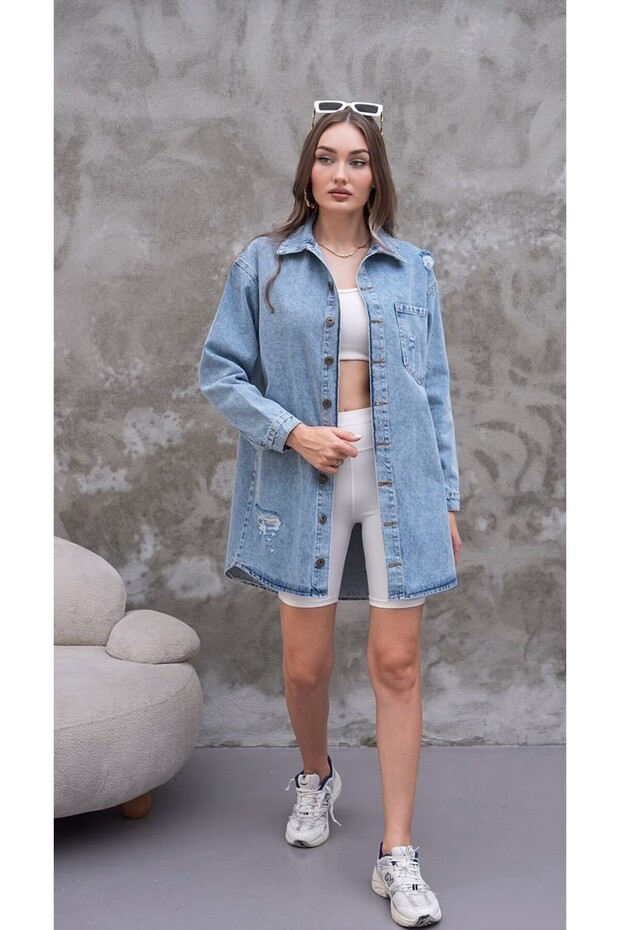 Sırt Baskılı Oversize Kot Ceket - 3