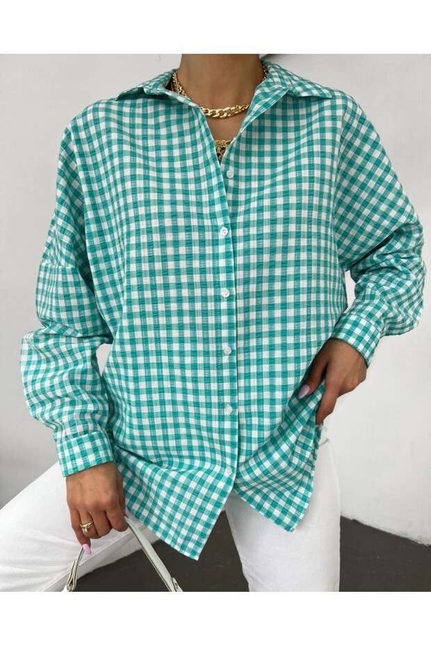 Boydan Düğmeli Gofre Gömlek -Mint - 6