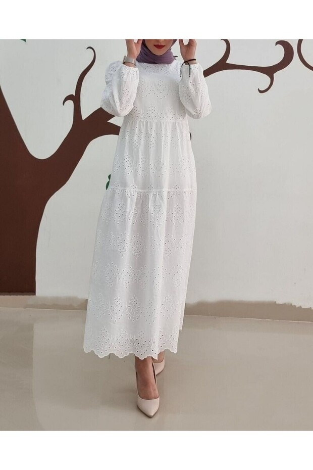 Rochie cu mâneci elastice -Albă - 5