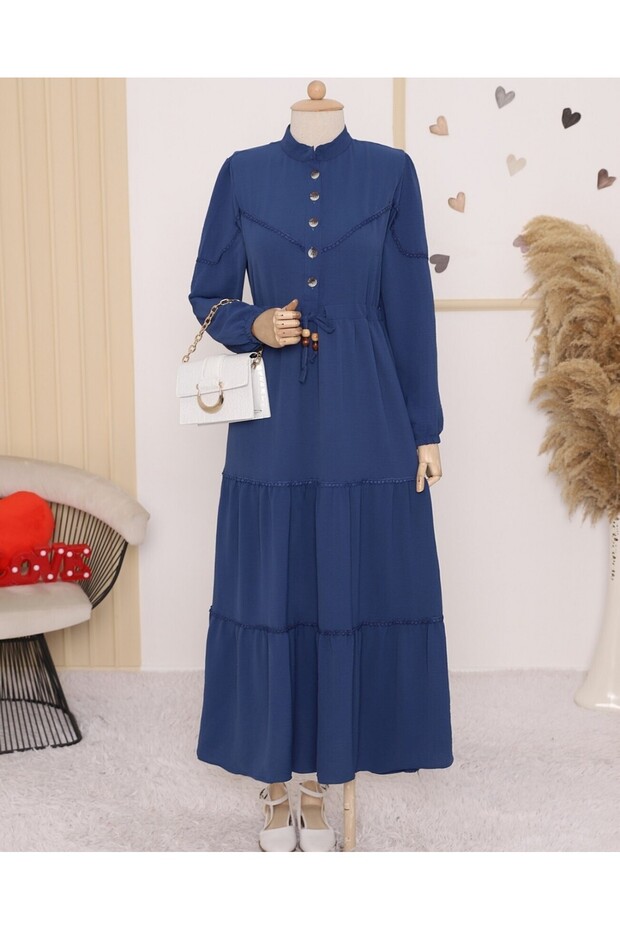 Half Buttoned Patchwork Lace-Up Dress -Dark Blue - 3