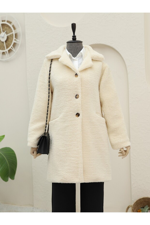 معطف مبطن بزر مع جيب أمامي - بيج - 3