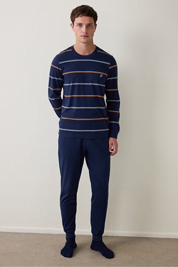 Navy Blue Men's Striped Jogger Pajama Set