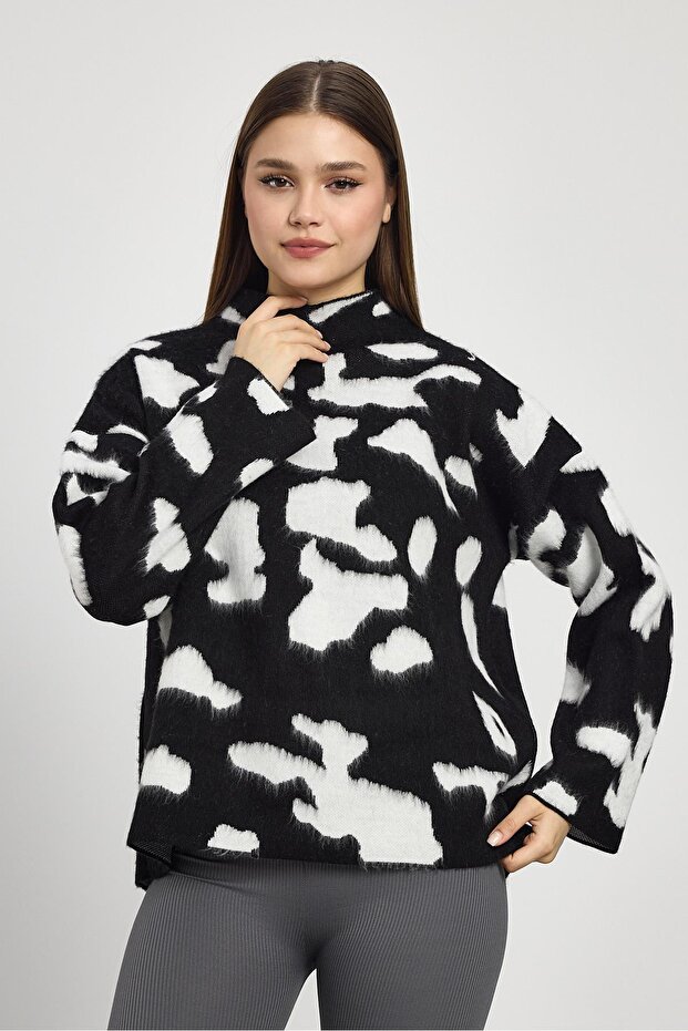 24371 - Pulover cu guler vertical, negru, leopard - 6