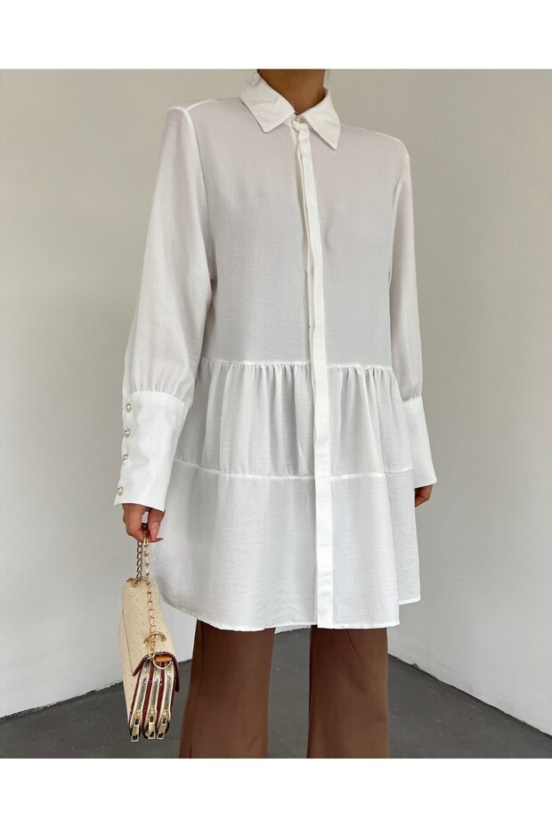 Pieced Linen Tunic with Stoned Buttons on Arm Cuff - 1