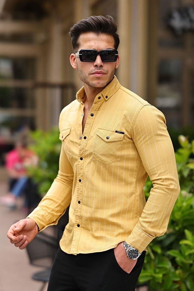 Men's Slim Fit Striped Denim Shirt