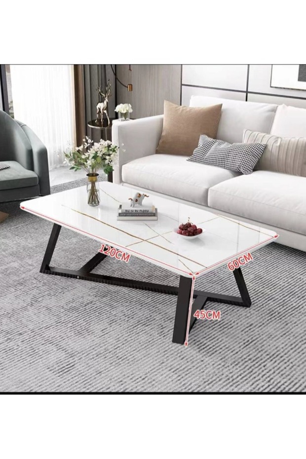 Coffee Table Rectangular High-End Sofa Table Marble Table Top with Matt Black Metal Frame - 6