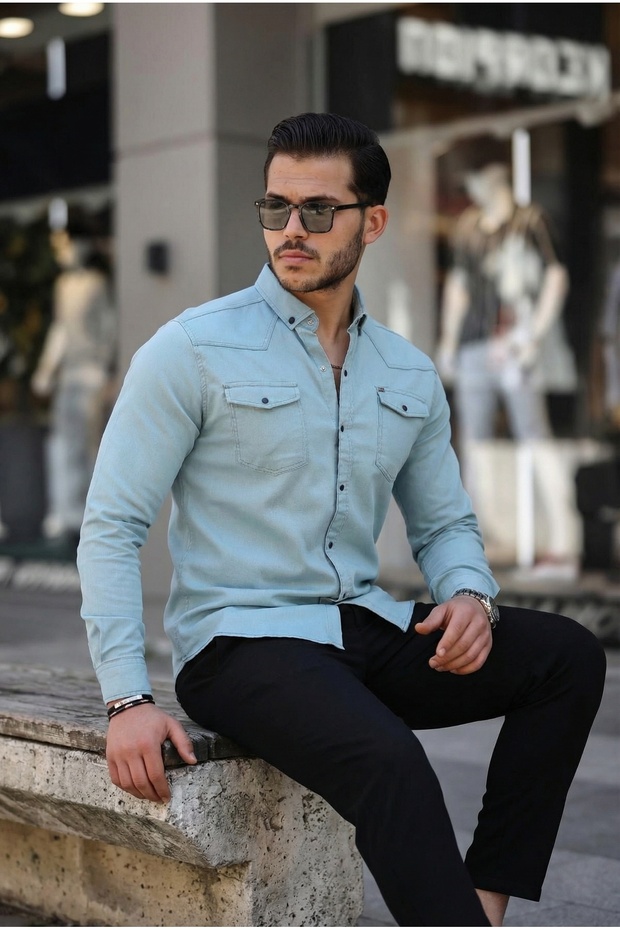 Erkek Slim Fit Çıtçıtlı Cepli Basic Mint Kot Gömlek - 4