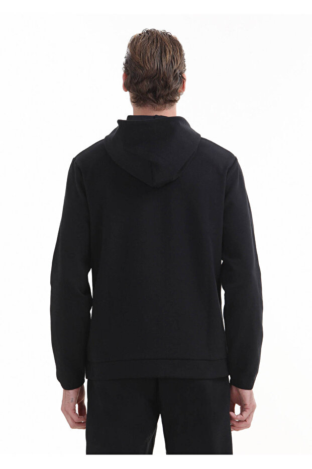 Siyah Kapüşonlu Düz Sweatshırt - 5