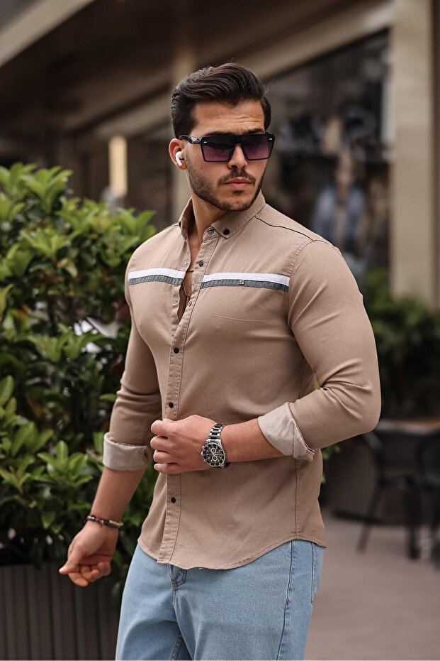 Men's Slim Fit Striped Long Sleeve Tight Brown Denim Shirt